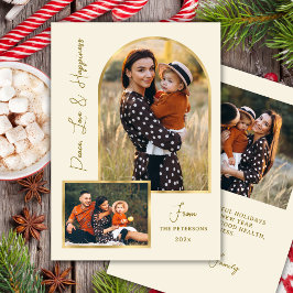 Peace Love Hapiness Script Gold Arch 3 Photo Feiertagskarte