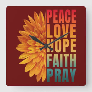 peace love hope faith pray  quadratische wanduhr