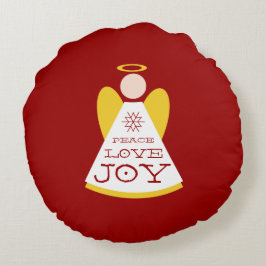Peace Love Jove Angel Holiday Red and Gold Rundes Kissen