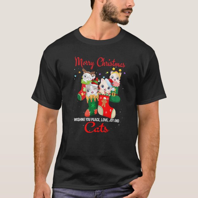Peace Love Joy And Cats In Sock Christmas For Cat T-Shirt (Vorderseite)
