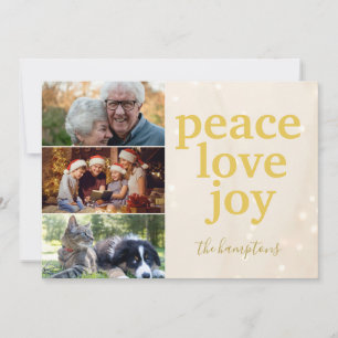 Peace Love Joy Gold Typography Foto Christmas Feiertagskarte