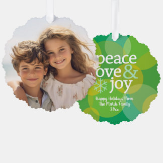 Peace Love Joy Green Bokeh - Christmas Photo Ornament Karte