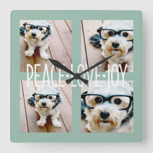 Peace Love Joy Photo Collage Holiday Greeting Quadratische Wanduhr