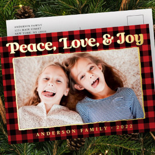 Peace Love & Joy Plaid Pattern Family Photo Folien Feiertagspostkarte