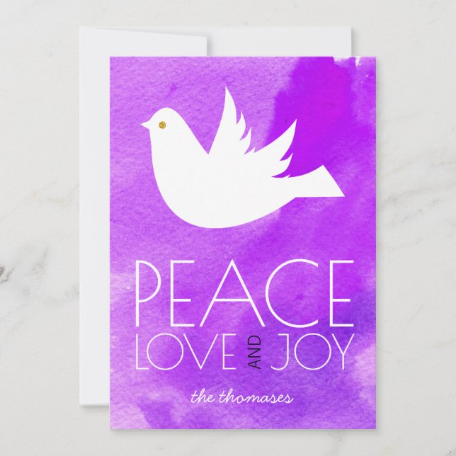 Peace love joy purple watercolor & dove Christmas Feiertagskarte (Vorderseite)
