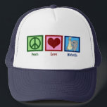 Peace Love Midwife Truckerkappe<br><div class="desc">A peace sign, heart, and a picture of a cute elephant carrying a baby symbolizing midwives.</div>