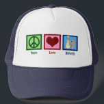 Peace Love Midwife Truckerkappe<br><div class="desc">A peace sign,  heart,  and a picture of a cute elephant carrying a baby symbolizing midwives.</div>