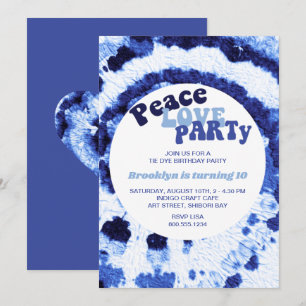 Peace Love Party Shibori Blau Tiedye Geburtstag Einladung