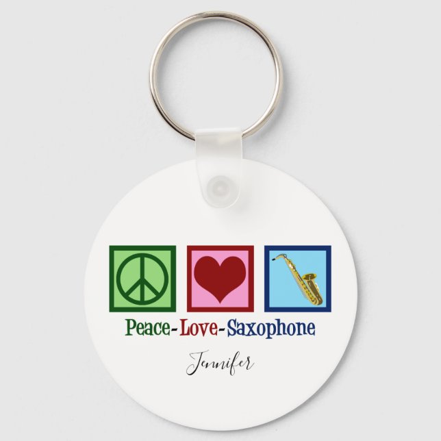 Peace Love Saxophone Cute Monogram Blue Schlüsselanhänger (Vorderseite)