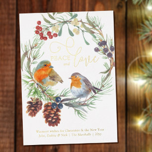 Peace & Love Weihnachts-Rotkehlchen-Kranz Gold Folien Feiertagskarte