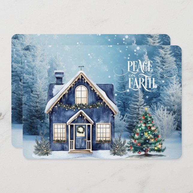 Peace on Earth Blue Christmas Winter Scene House (Vorne/Hinten)