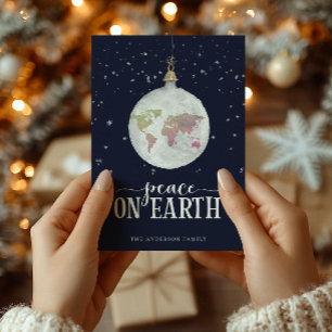 Peace on Earth Globe Ornament Blue Feiertagskarte