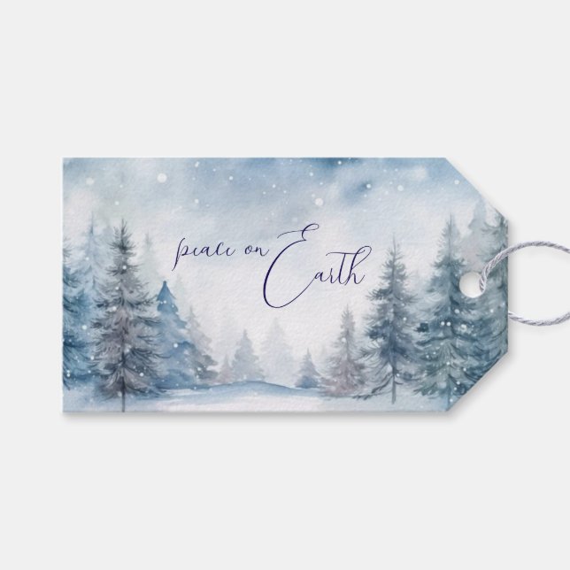 Peace on Earth Soft Blue Forest Christmas Geschenkanhänger (Vorderseite (Horizontal))