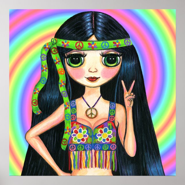 Peace Out Girl Hippie Blinkend Peace Sign Poster (Vorne)