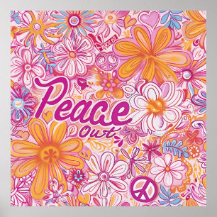 Peace Out Hippie Blumen Friedenzeichen Retro-Muste Poster