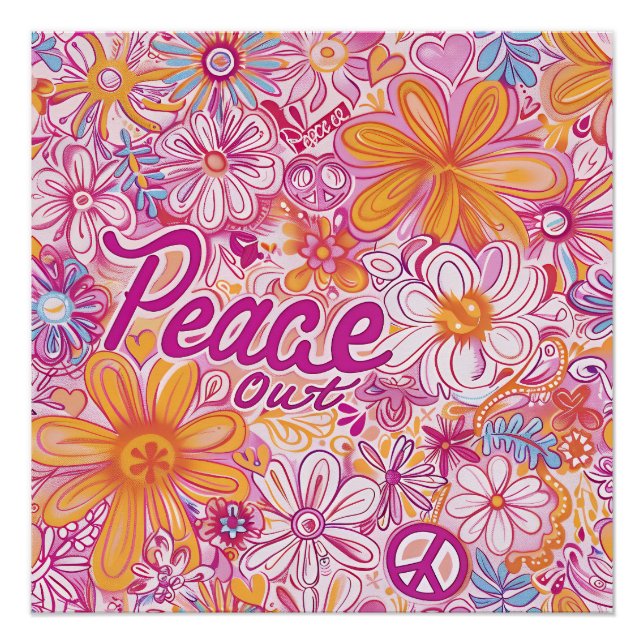 Peace Out Hippie Floral Peace Sign Retro Pattern Poster (Vorderseite)