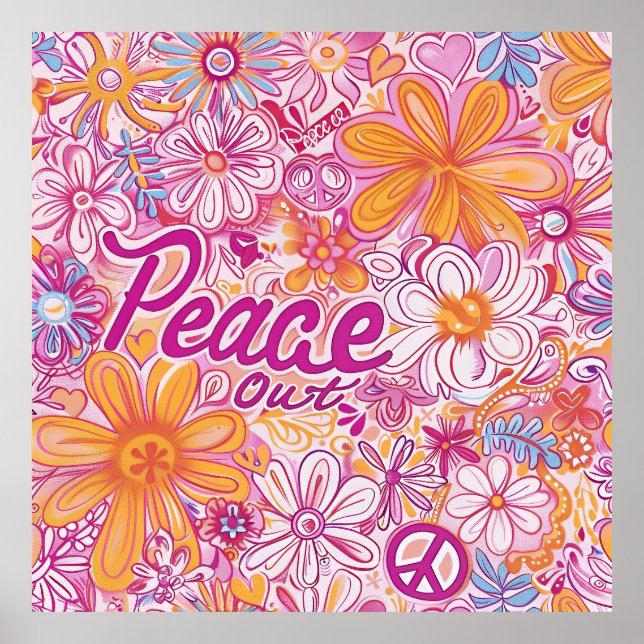 Peace Out Hippie Floral Peace Sign Retro Pattern Poster (Vorne)