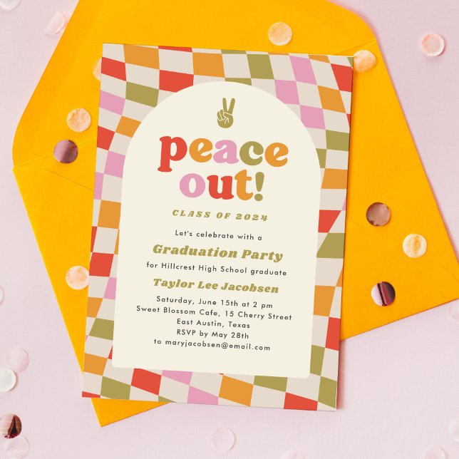Peace Out Retro Groovy Colorful Graduation Party Einladung (peace out groovy and colourful graduation party invitation)