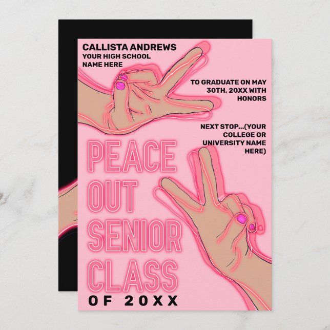 Peace Out School Pink Neights Lights Abschluss Ankündigung (Vorne/Hinten)