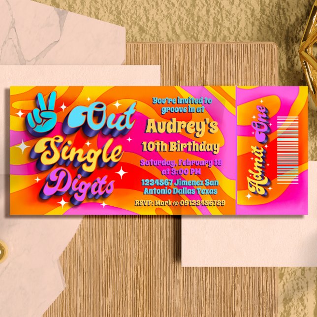Peace Out Single Digits Im 10 Ticket Einladung (Peace Out Single Digits - Groovy Retro 10th Birthday Ticket Invitation )