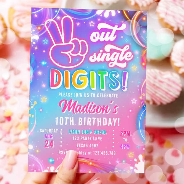 Peace Out Single Digits Neon Glow Girl Birthday Einladung (Von Creator hochgeladen)