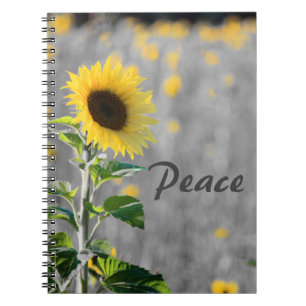 "Peace" Phrase, Feld der Sonnenblumen, Schwarz & W Notizblock