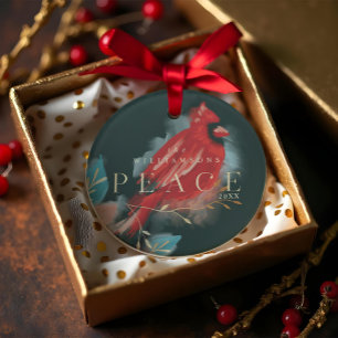 Peace Red Kardinal Watercolor Christmas Bird Ornament