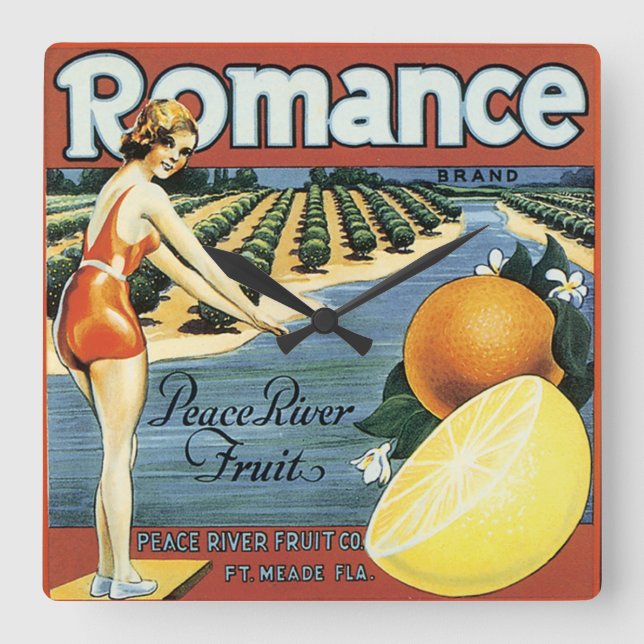 Peace River Fruit Co Crate Label Quadratische Wanduhr (Vorderseite)