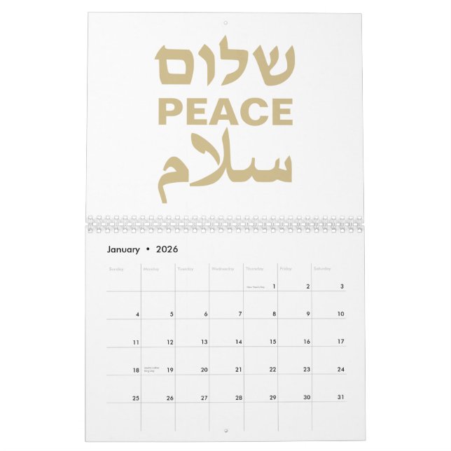 Peace Shalom Salaam Weißgold Moderne Typografie Kalender (Jan 2026)