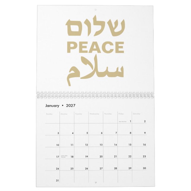 Peace Shalom Salaam Weißgold Moderne Typografie Kalender (Jan 2027)
