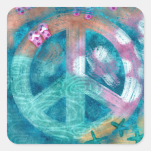 Peace Sign Beach Abstrakt Art Aquamarin Pink Quadratischer Aufkleber