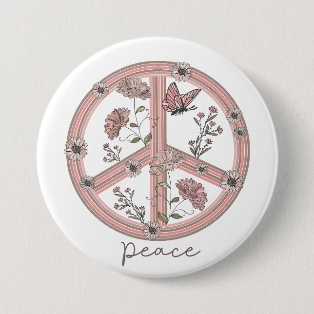 Peace Sign Boho Floral Butterfly Girly Retro Daisy Button (Vorderseite)