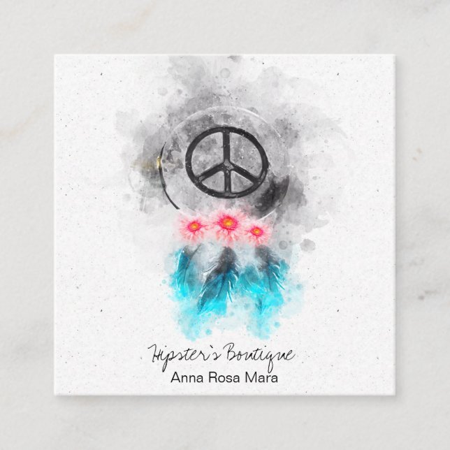 *~* Peace Sign Feathers Blume GrungeTribal Boho Quadratische Visitenkarte (Vorderseite)