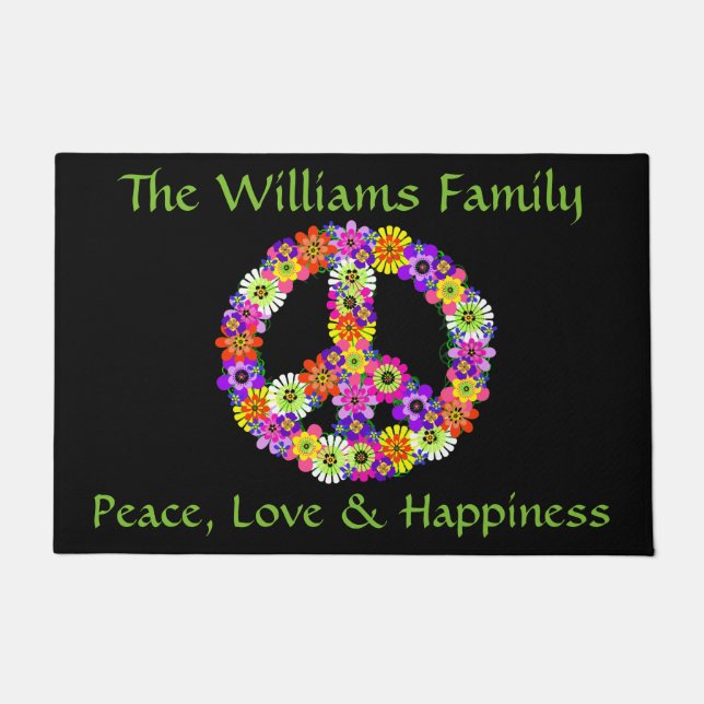 Peace Sign Floral auf Black Customized Fußmatte (Vorderseite)