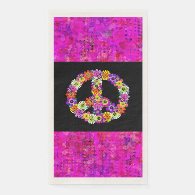 Peace Sign Floral auf Schwarz mit Petals Serviette (Vorderseite)