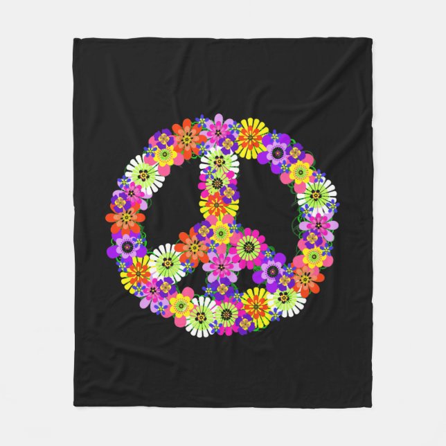 Peace Sign Floral in Black Fleecedecke (Vorderseite)