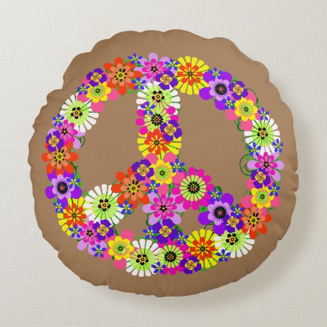 Peace Sign Floral in Tan Rundes Kissen (Vorderseite)