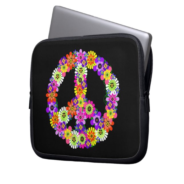 Peace Sign Floral on Black Laptopschutzhülle (Vorderseite Links)