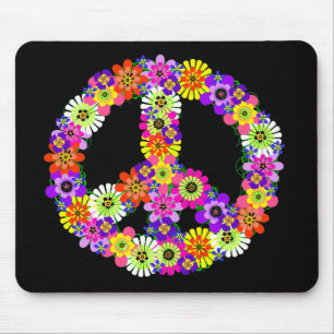 Peace Sign Floral on Black Mousepad