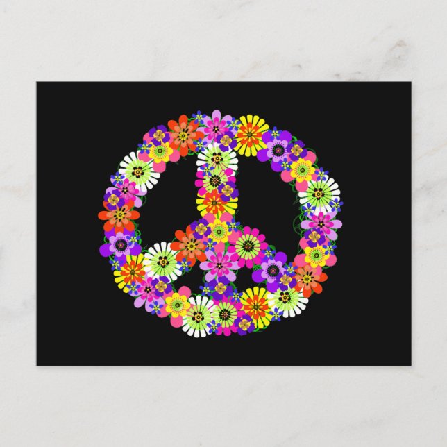 Peace Sign Floral on Black Postkarte (Vorderseite)