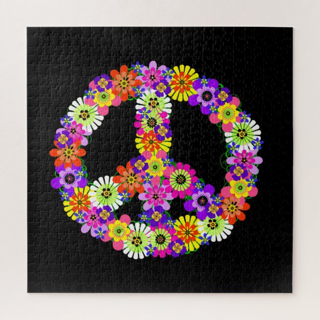 Peace Sign Floral on Black Puzzle (Vertikal)