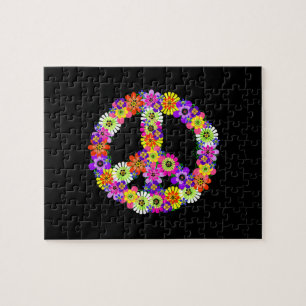 Peace Sign Floral on Black Puzzle