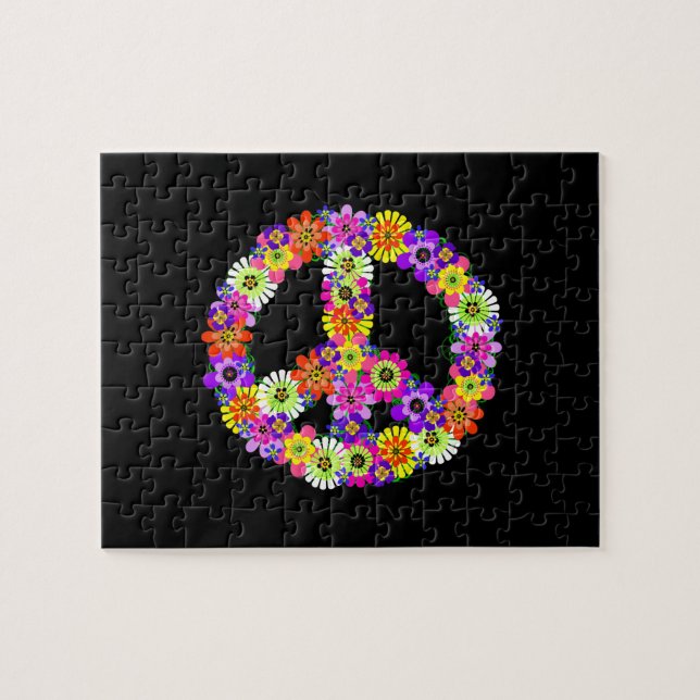 Peace Sign Floral on Black Puzzle (Horizontal)