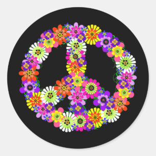 Peace Sign Floral on Black Runder Aufkleber