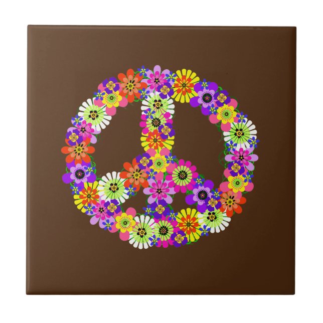 Peace Sign Floral on Brown Fliese (Vorderseite)