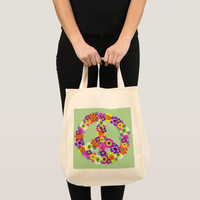 Peace Sign Floral on Light Green Tragetasche (Vorderseite (Produkt))