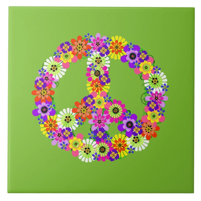 Peace Sign Floral on Lime Green Fliese (Vorderseite)