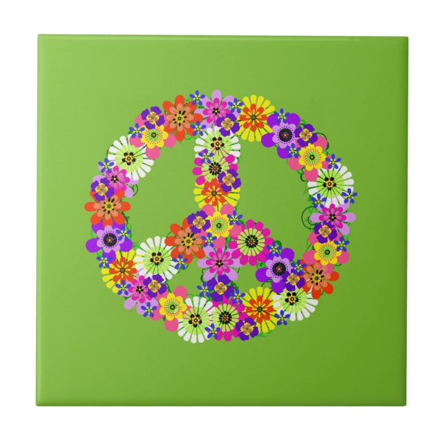Peace Sign Floral on Lime Green Fliese (Vorderseite)