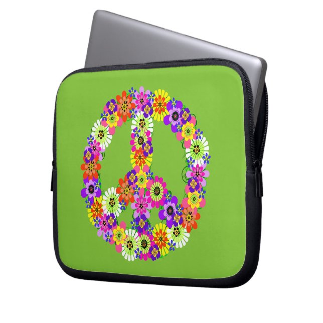 Peace Sign Floral on Lime Green Laptopschutzhülle (Vorderseite Links)