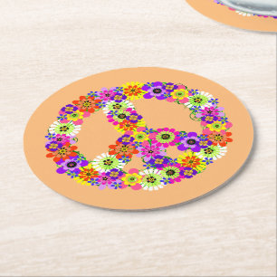 Peace Sign Floral on Peach Runder Pappuntersetzer